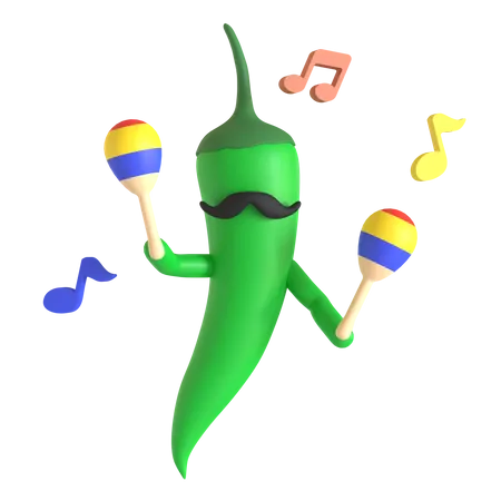 Piment vert jouant des maracas  3D Illustration