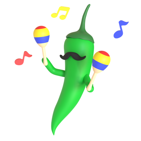 Piment vert jouant des maracas  3D Illustration