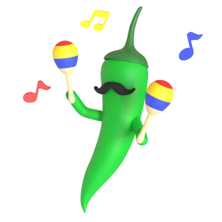 Piment vert jouant des maracas  3D Illustration