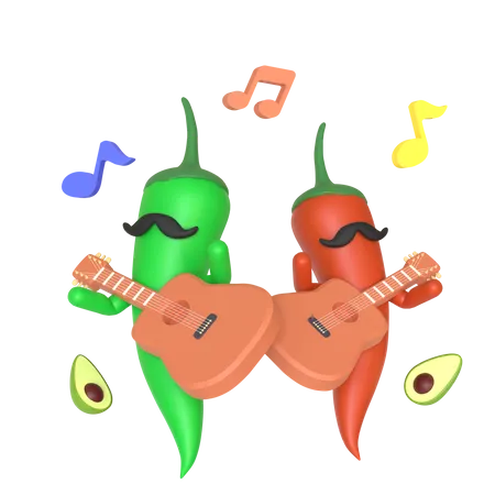 Pimenta verde e vermelha tocando violão  3D Illustration