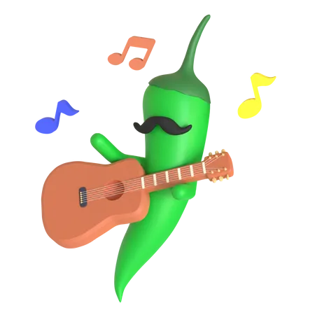 Pimenta verde tocando violão  3D Illustration
