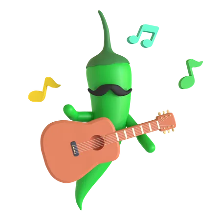 Pimenta verde tocando violão  3D Illustration