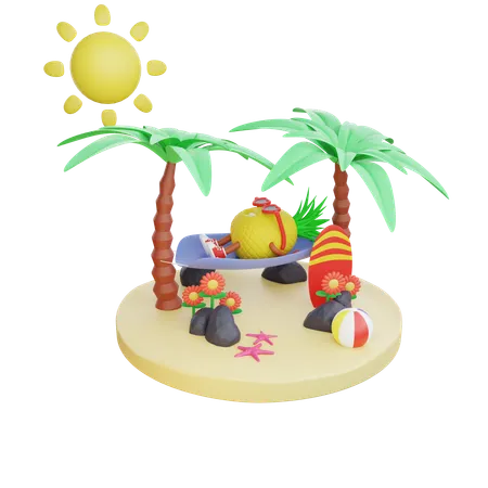 Piña disfrutando de las vacaciones de verano en la isla  3D Illustration