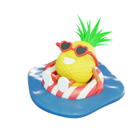 Piña relajándose en el anillo de natación en el mar  3D Illustration
