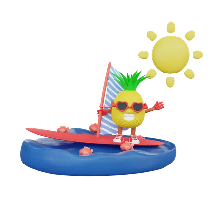 Piña sobre tabla de surf en el mar  3D Illustration