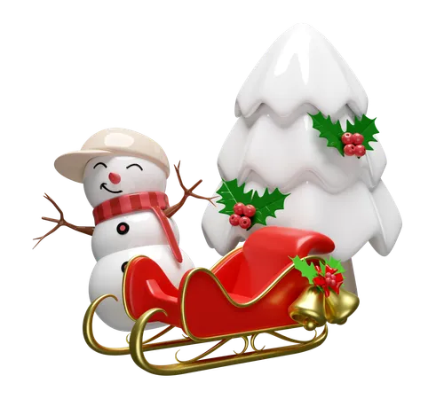 3 D Snowman With Sleigh Pine Tree Hat Holly Berry Leaves Jingle Bell Merry Christmas And Happy New Year 3 D Render Illustration 3D Illustration