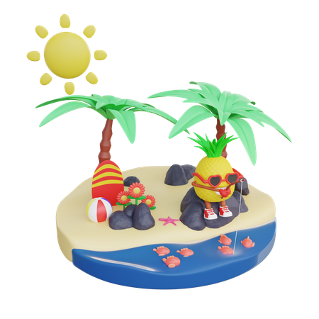 Pineapple Doing Fishing On Island  3D Icon