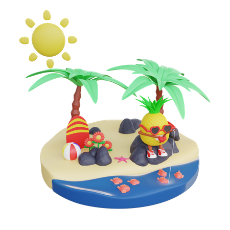 Pineapple Doing Fishing On Island  3D Illustration