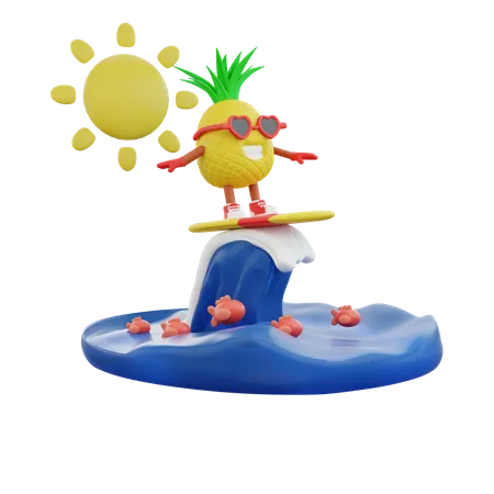 Pineapple Doing Surfboarding  3D Illustration