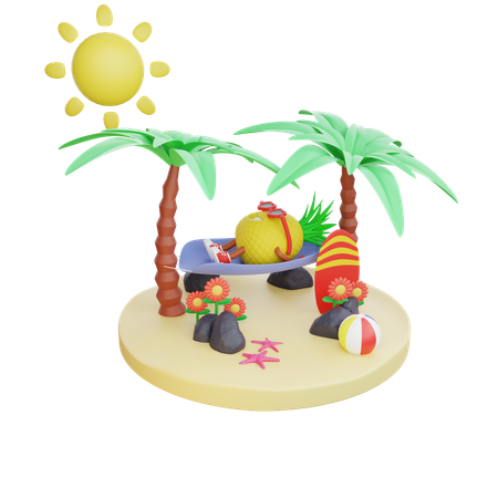 Pineapple Enjoying Summer Holiday on Island  3D Illustration