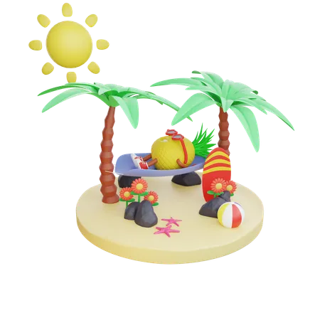 Pineapple Enjoying Summer Holiday on Island  3D Illustration