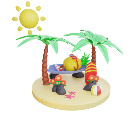 Pineapple Enjoying Summer Holiday on Island 3D Illustration