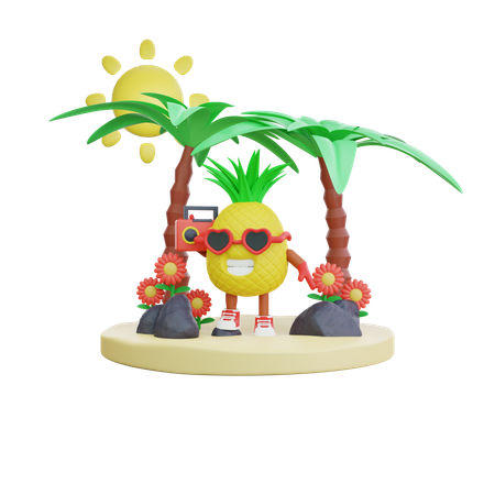 Pineapple Enjoying Summer Vacation on beach  3D Illustration