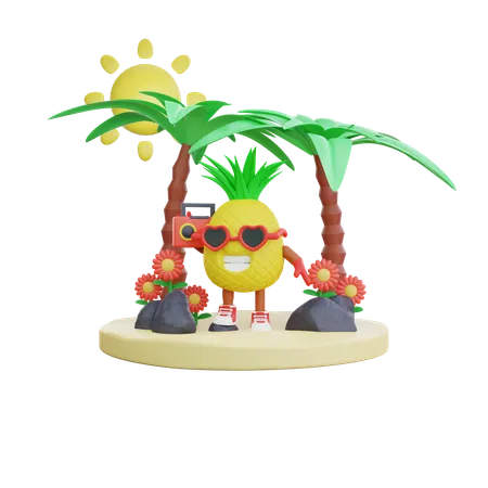 Pineapple Enjoying Summer Vacation on beach  3D Illustration