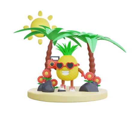 Pineapple Enjoying Summer Vacation on beach 3D Illustration