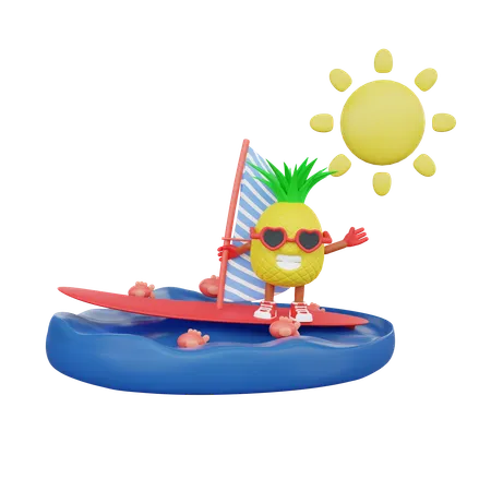 Pineapple On Surfing Board In Sea  3D Illustration