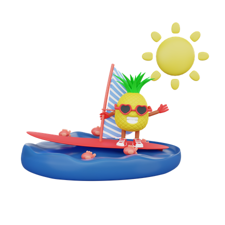 Pineapple On Surfing Board In Sea  3D Illustration
