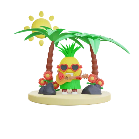 Pineapple Playing Guitar On Beach  3D Illustration