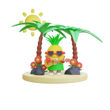 Pineapple Playing Guitar On Beach  3D Illustration