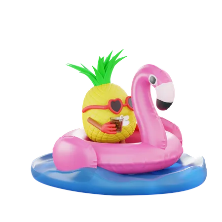 Pineapple Relaxing On Flamingo Ring In Sea  3D Illustration