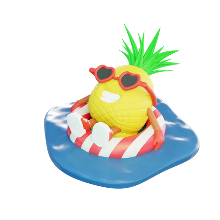 Pineapple Relaxing On Swimming Ring In Sea  3D Illustration