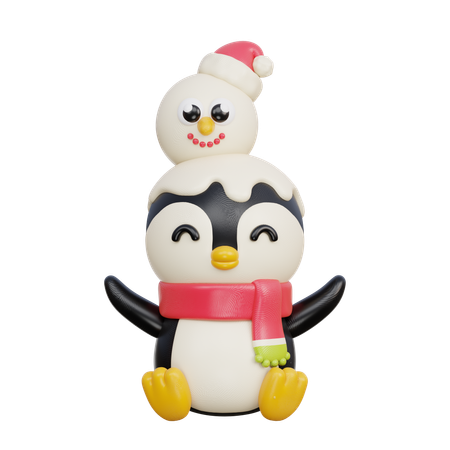 Pingouin avec bonhomme de neige  3D Illustration