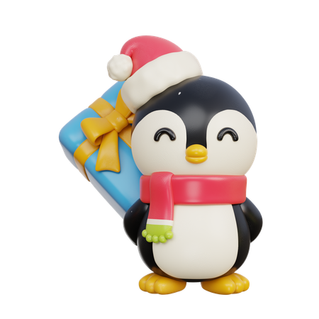 Pingouin se cachant un cadeau  3D Illustration