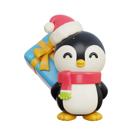 Pingouin se cachant un cadeau  3D Illustration