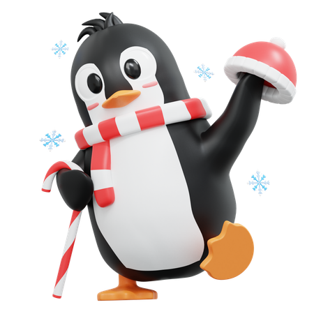 Pinguim fofo traz bastão de doces e gorro  3D Illustration