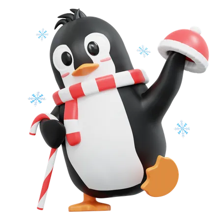 Pinguim fofo traz bastão de doces e gorro  3D Illustration