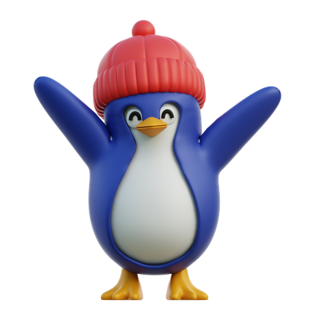 Pinguim fofo usando gorro de inverno enquanto está de pé com as asas abertas  3D Icon