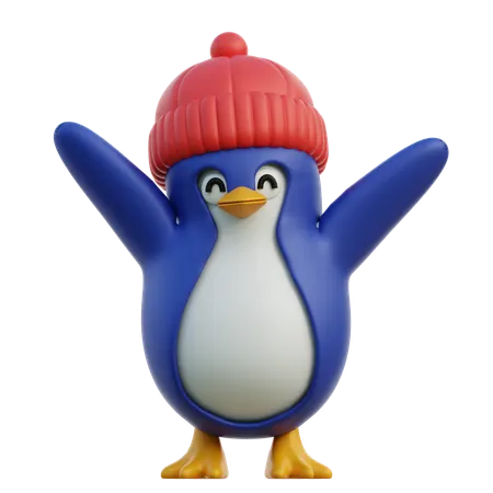 Pinguim fofo usando gorro de inverno enquanto está de pé com as asas abertas  3D Icon