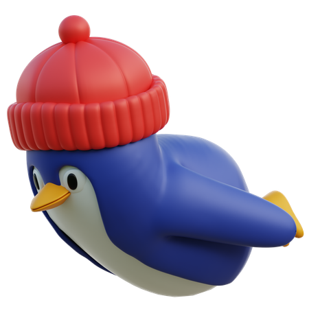 Pinguim fofo voando no ar com gorro de inverno  3D Icon