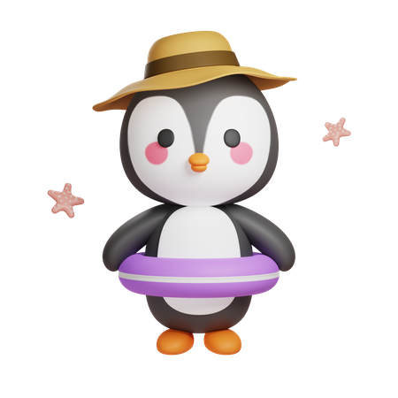 Pinguim usando boia salva-vidas  3D Illustration