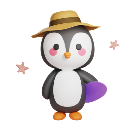 Pinguin mit Surfbrett  3D Illustration