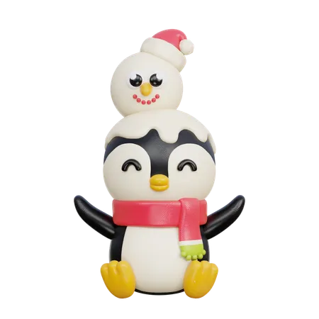 Pingüino con muñeco de nieve  3D Illustration