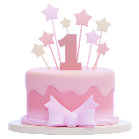 Pink Birthday Cake with Number 1 Candle  3D Icon