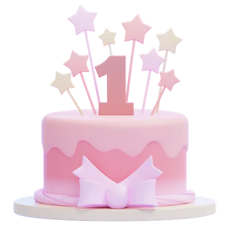 Pink Birthday Cake with Number 1 Candle  3D Icon