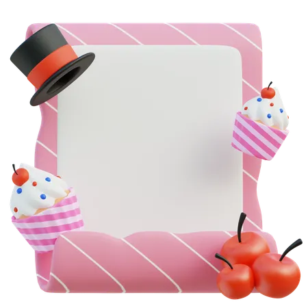 Pink Cupcake Frame With Cherries And Hat  3D Icon