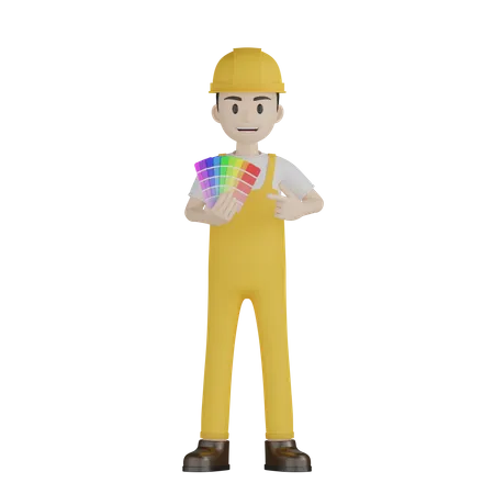 Trabalhador Da Construcao Civil Pintor Vestindo Uniforme Amarelo E Capacete Duro 3D Illustration
