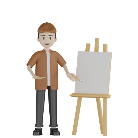 Pintor mostrando tela  3D Illustration