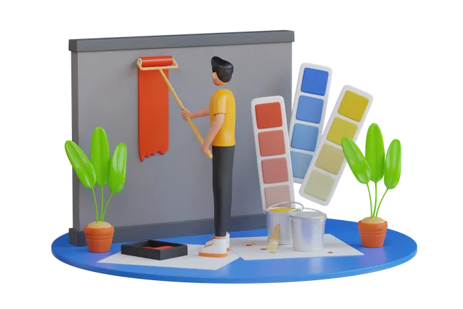 Pintor profesional pintando una pared.  3D Illustration