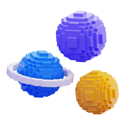 Pixelated Planets Space  3D Illustration