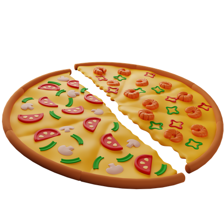 Pizza aus zwei Hälften mit unterschiedlichem Geschmack mit Pilzen und Garnelen  3D Icon