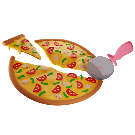 Pizza Aux Champignons Coupés Avec Un Couteau à Pizza En Différentes Parts  3D Illustration