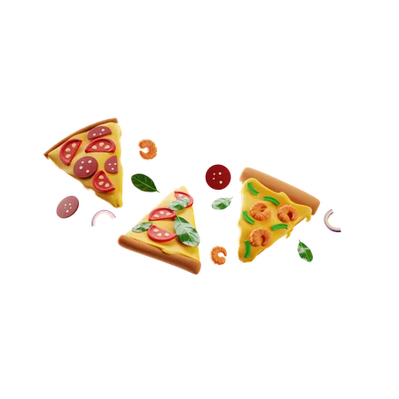 Three Slices Of Different Types Of Pizza With Ingredients 3D Icon
