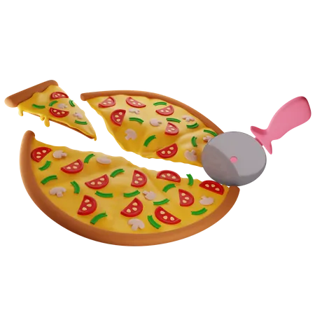 Pizza Con Champiñones Cortada Con Un Cuchillo Para Pizza En Diferentes Partes  3D Illustration