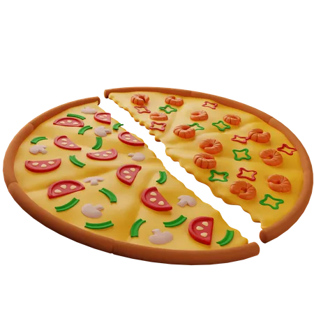 Pizza De Deux Moitiés Aux Goûts Différents Aux Champignons Et Crevettes  3D Illustration