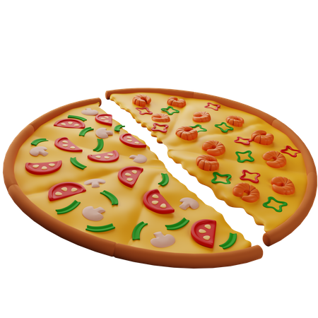 Pizza De Dos Mitades De Diferentes Sabores Con Champiñones Y Camarones  3D Illustration