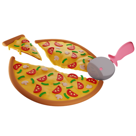 Pizza mit Pilzen mit einem Pizzamesser in verschiedene Teile schneiden  3D Icon